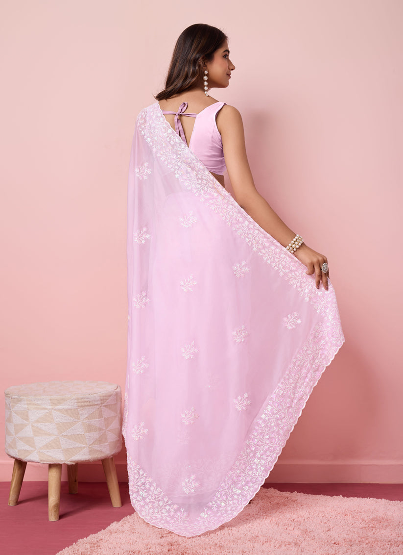 Lilac Pink Silk Sequins Embroidered Saree