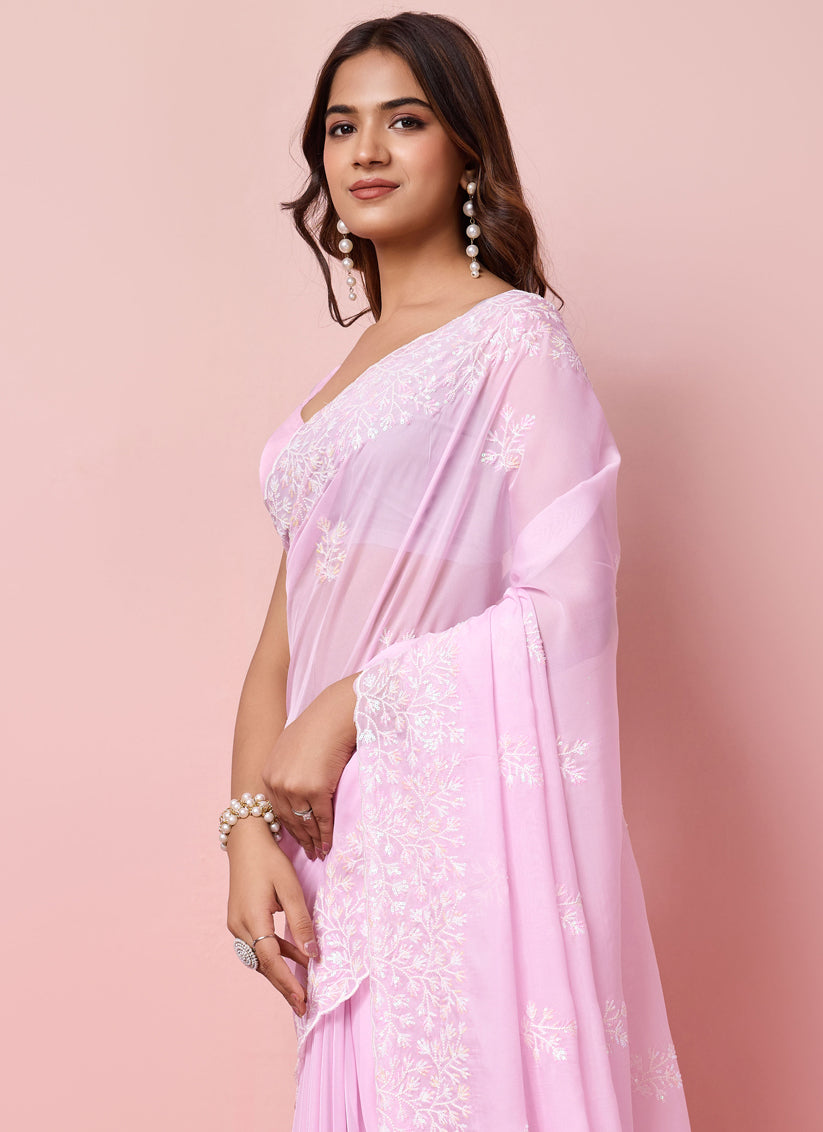 Lilac Pink Silk Sequins Embroidered Saree