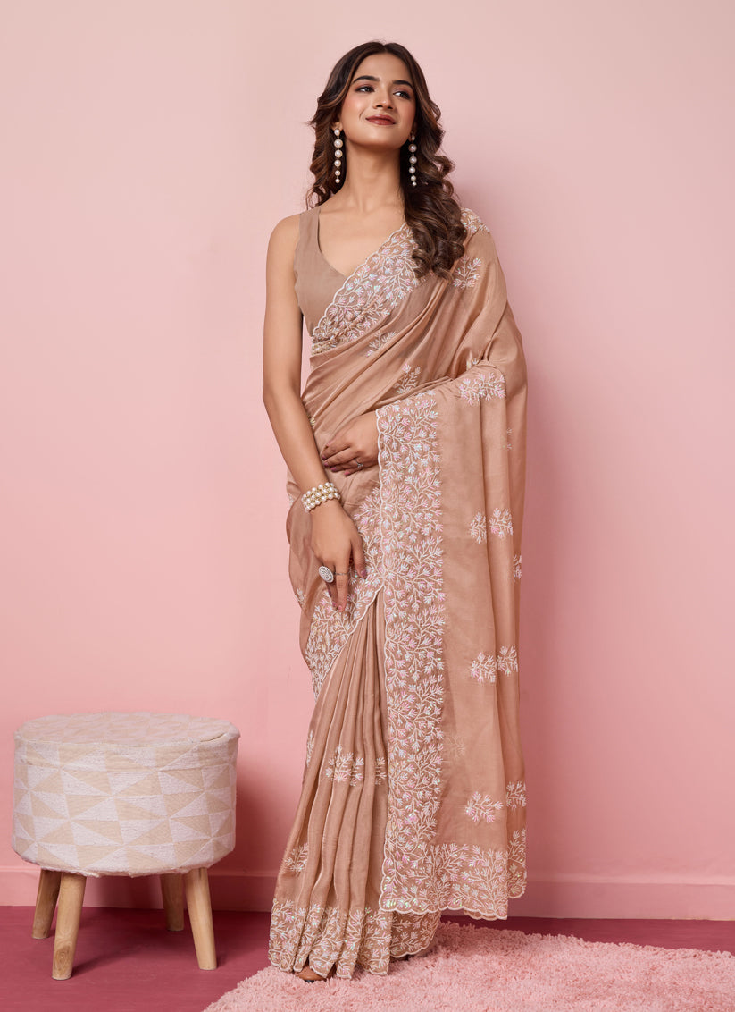 Beige Brown Silk Sequins Embroidered Saree