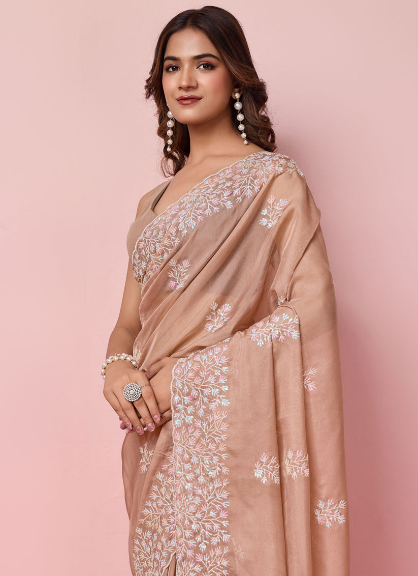 Beige Brown Silk Sequins Embroidered Saree