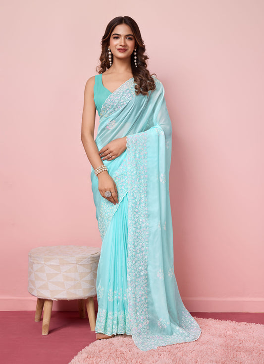 Ice Blue Silk Sequins Embroidered Saree