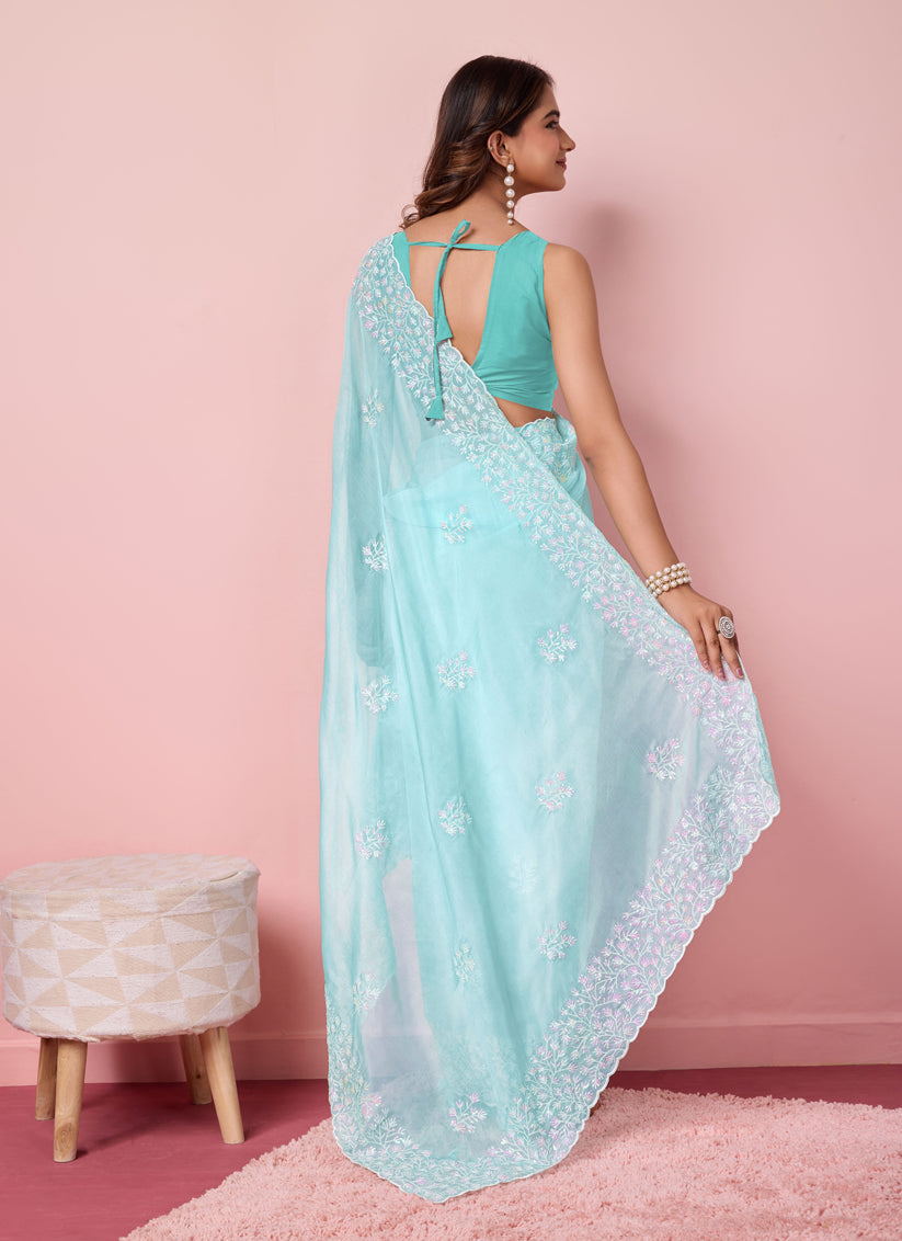 Ice Blue Silk Sequins Embroidered Saree