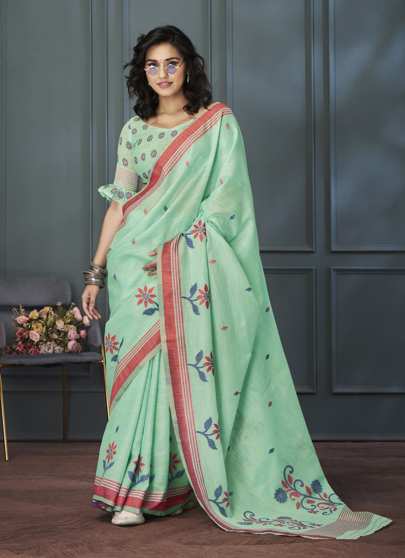 Mint Green Handloom Linen Weaving Saree