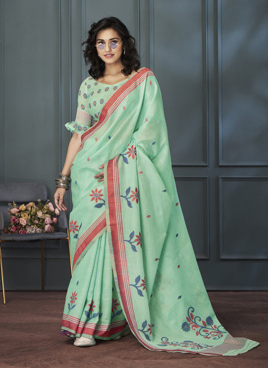 Mint Green Handloom Linen Weaving Saree