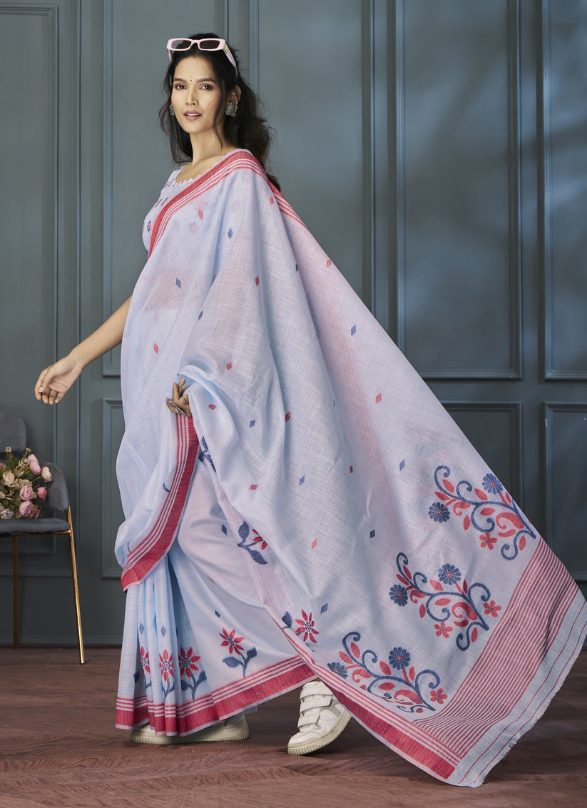 Periwinkle Handloom Linen Weaving Saree