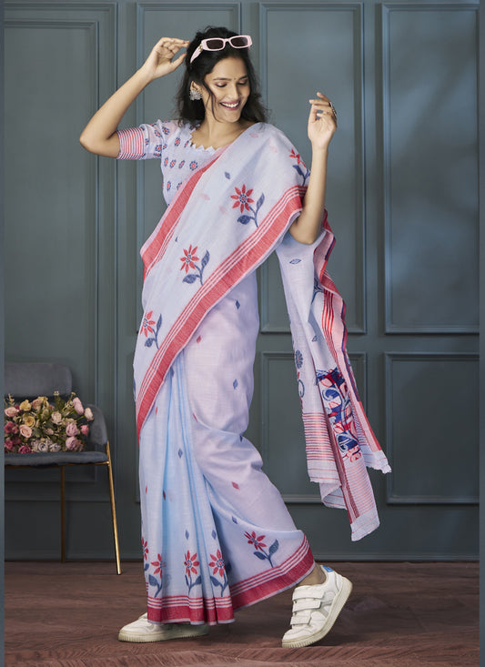 Periwinkle Handloom Linen Weaving Saree