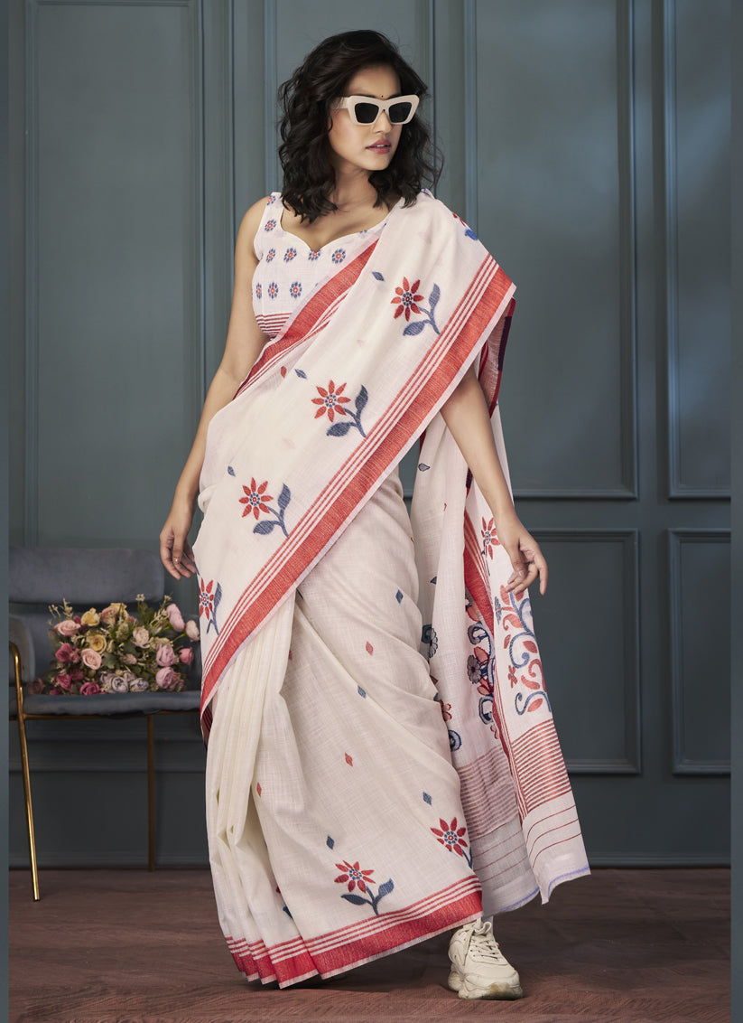 Off White Handloom Linen Weaving Saree