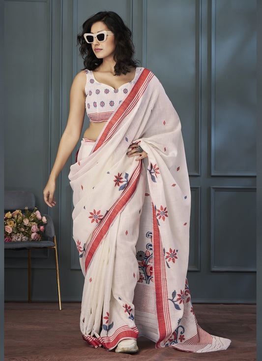 Off White Handloom Linen Weaving Saree