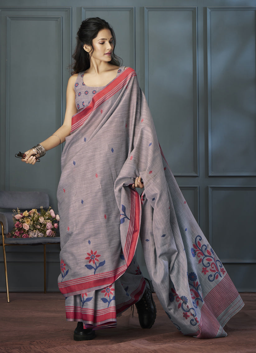 Smoke Grey Handloom Linen Weaving Saree