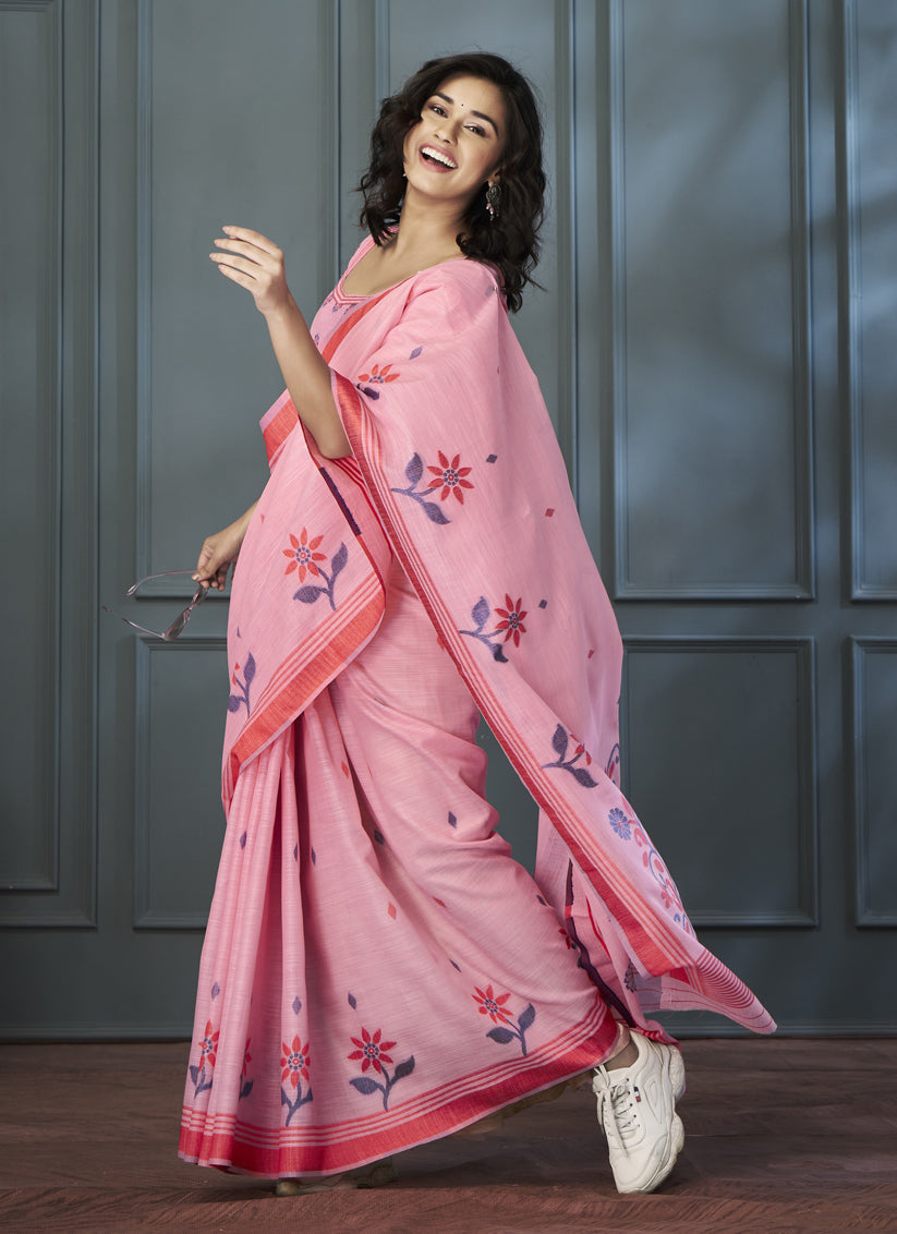 Carnation Pink Handloom Linen Weaving Saree