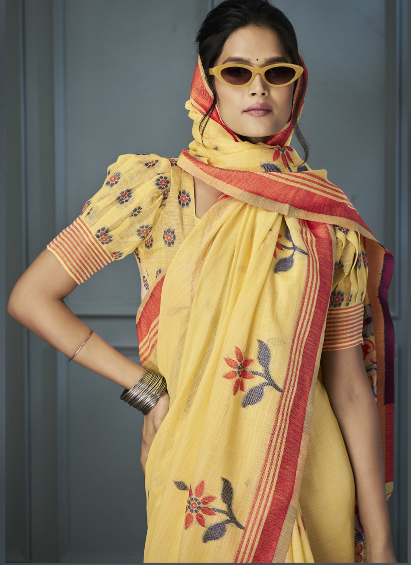 Lemon Yellow Handloom Linen Weaving Saree