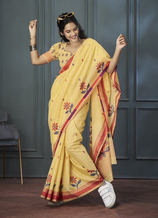 Lemon Yellow Handloom Linen Weaving Saree