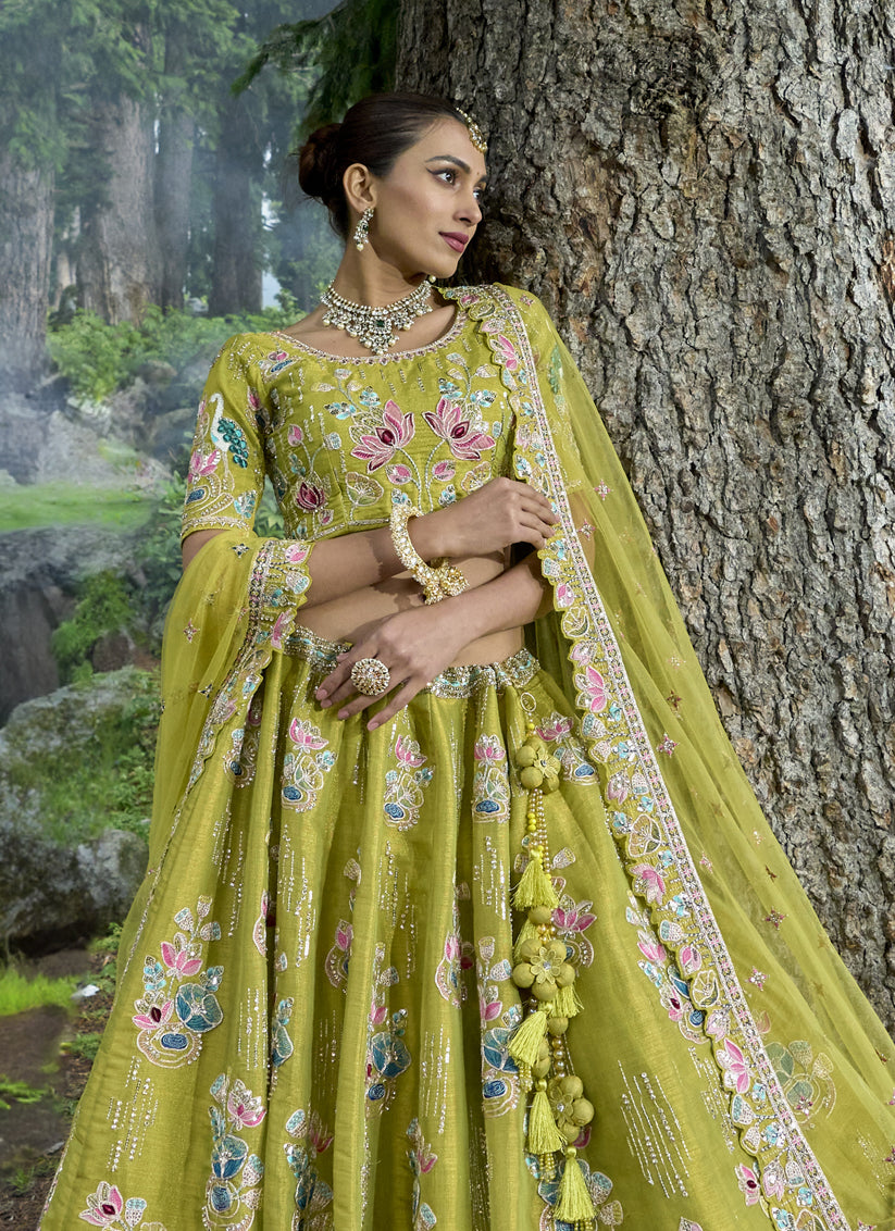 Lime Green Silk Viscose Designer Lehenga Choli