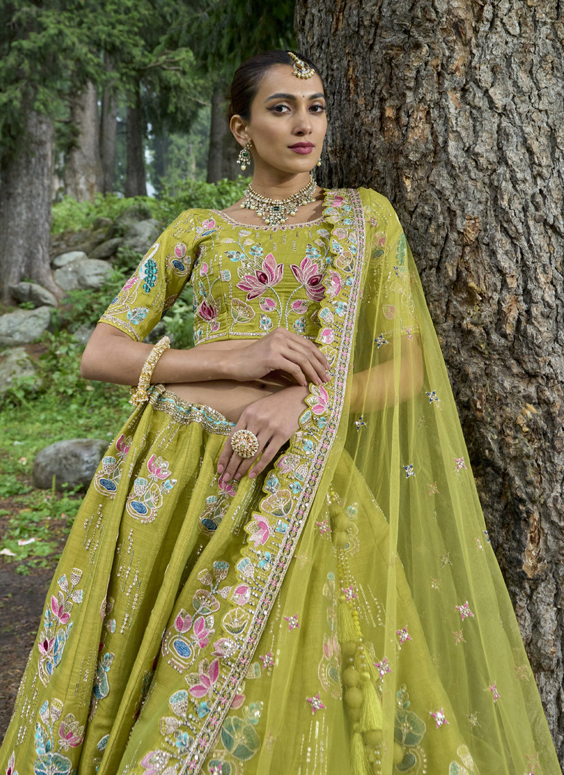 Lime Green Silk Viscose Designer Lehenga Choli