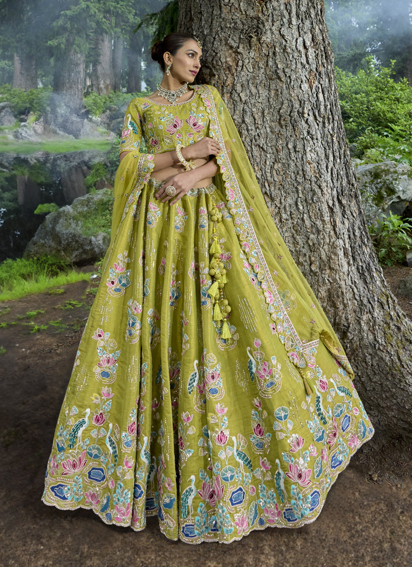 Lime Green Silk Viscose Designer Lehenga Choli