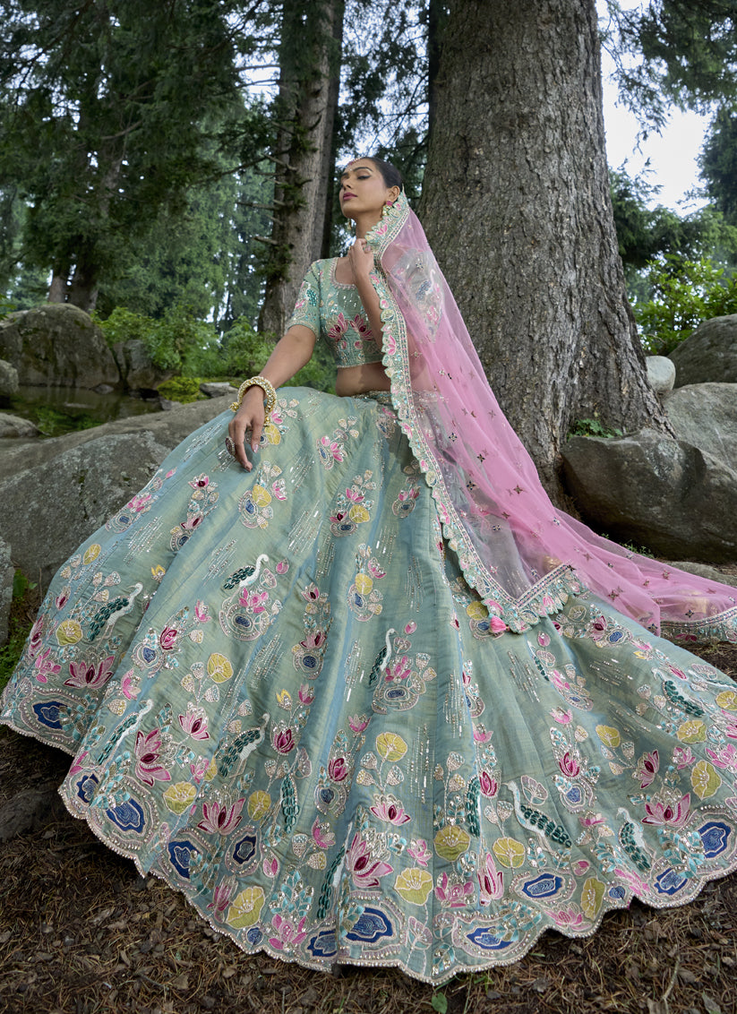 Mint Blue Silk Viscose Designer Lehenga Choli