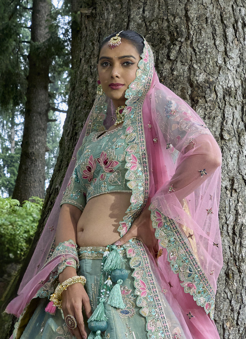 Mint Blue Silk Viscose Designer Lehenga Choli