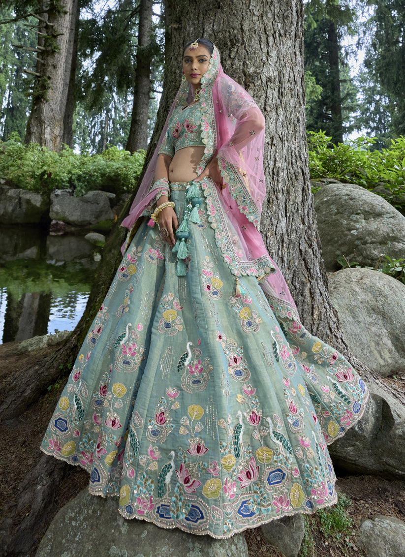 Mint Blue Silk Viscose Designer Lehenga Choli