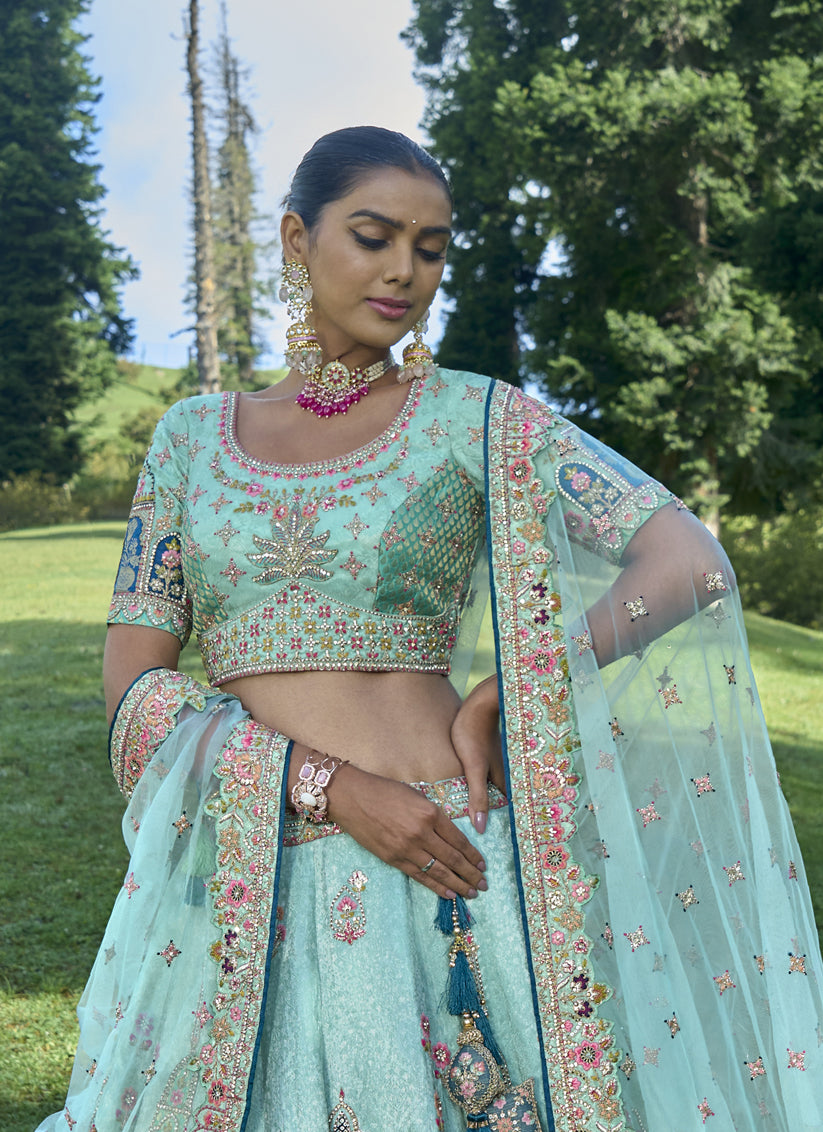 Aqua Blue Silk Viscose Designer Lehenga Choli