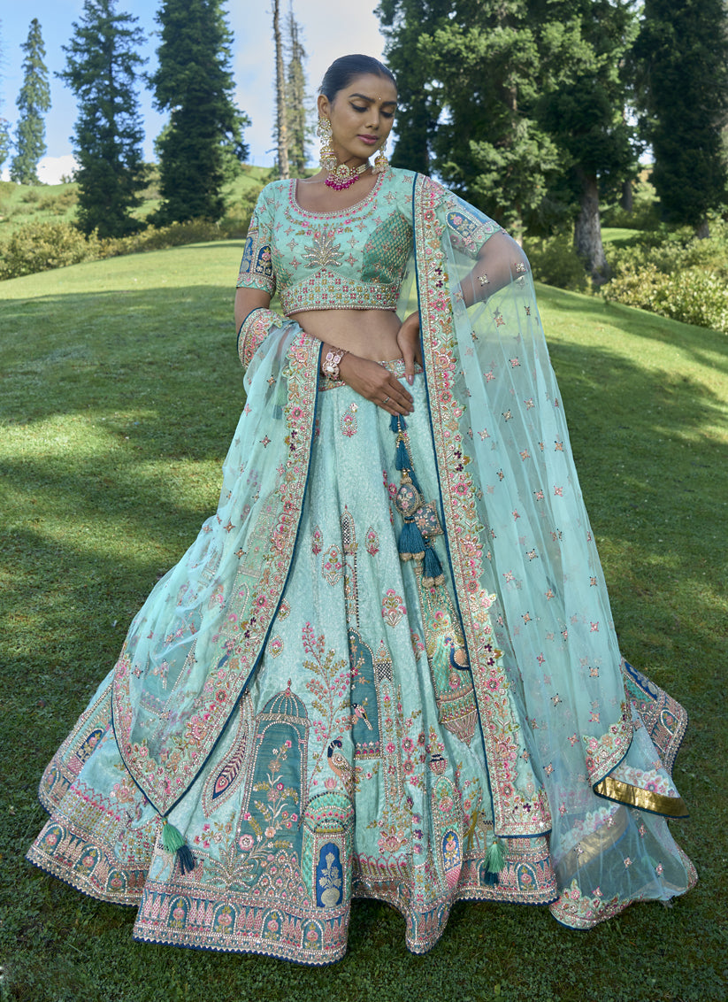 Aqua Blue Silk Viscose Designer Lehenga Choli