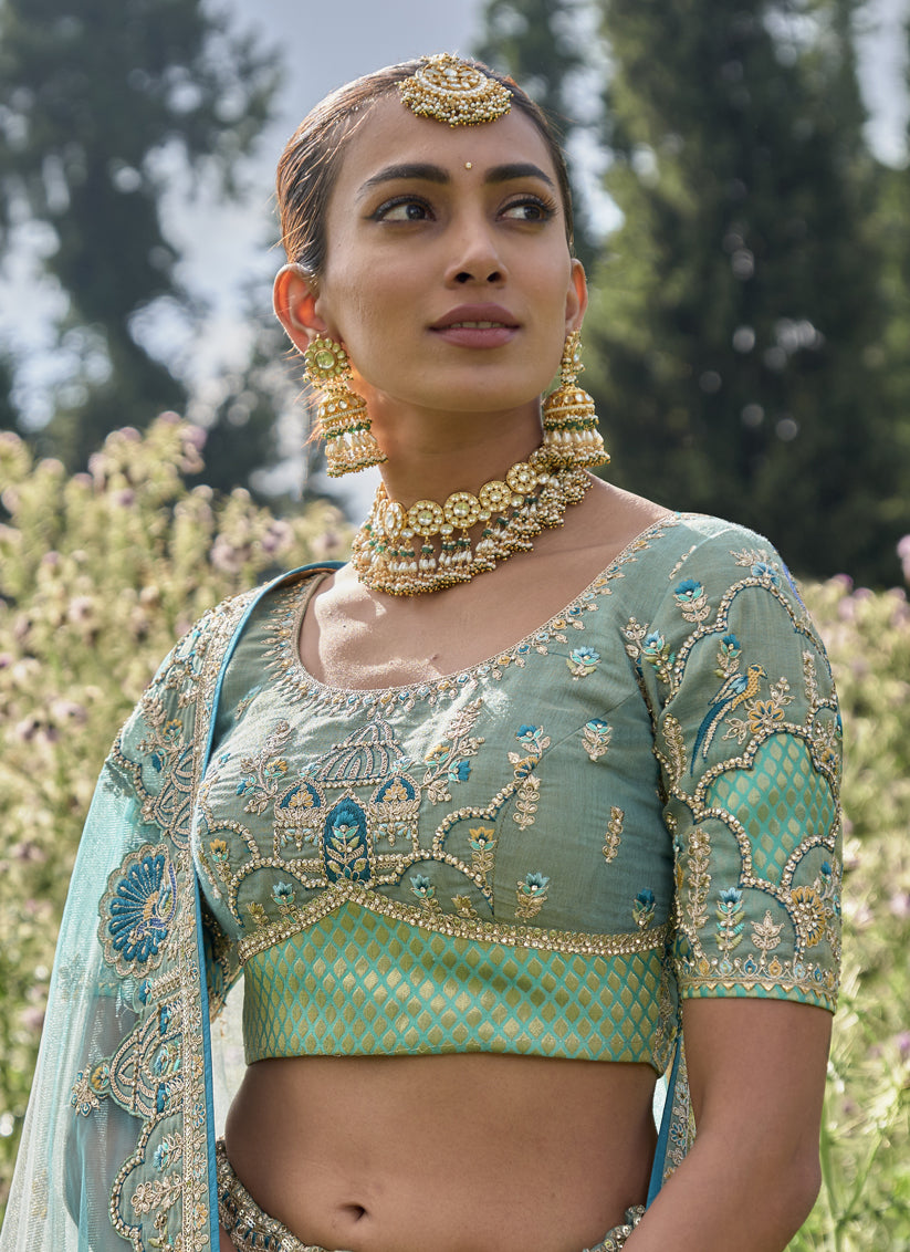 Mint Blue Silk Viscose Designer Lehenga Choli