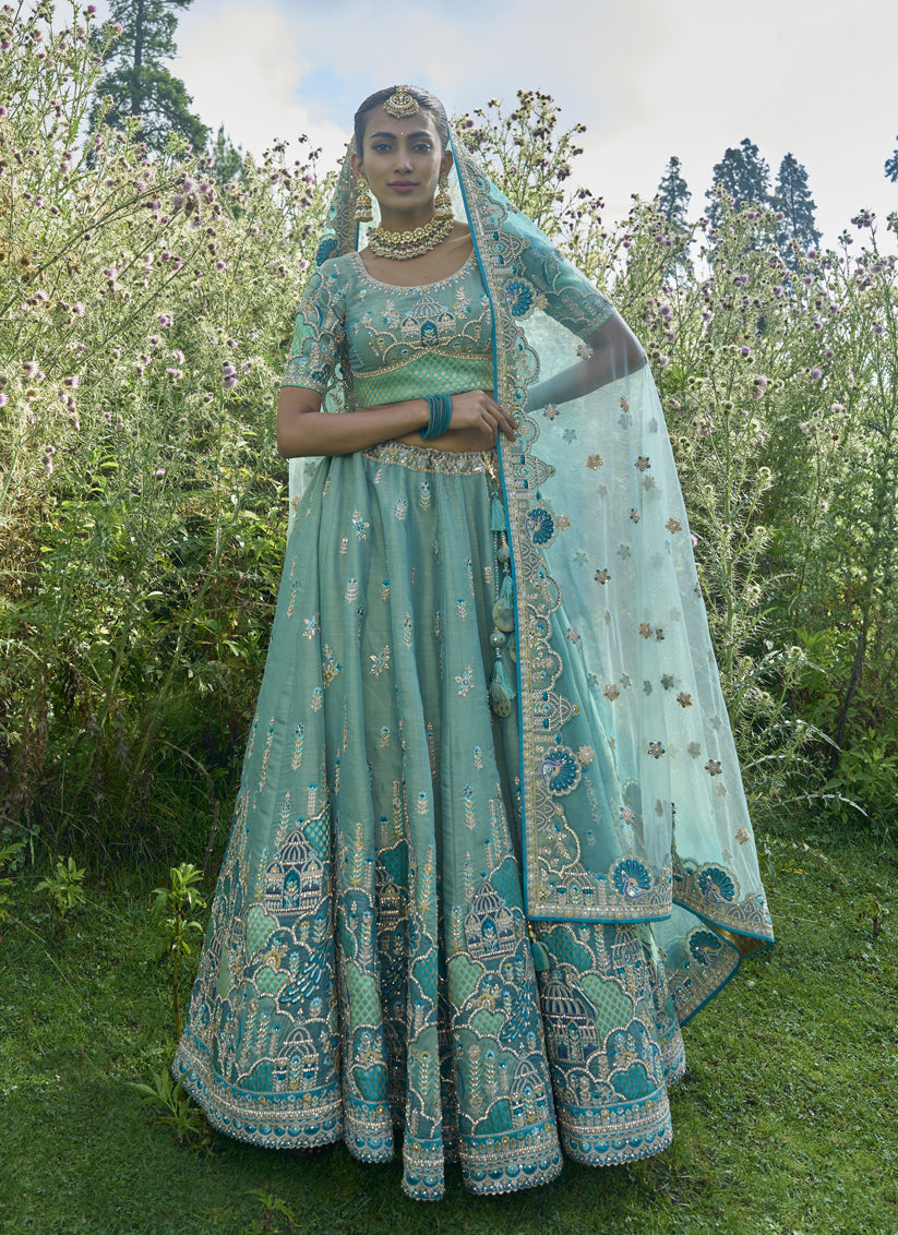 Mint Blue Silk Viscose Designer Lehenga Choli