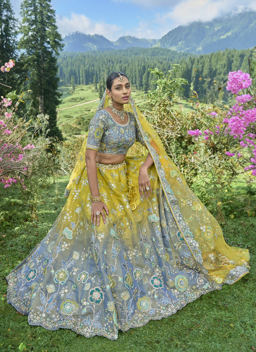 Lime Yellow and Grey Silk Viscose Designer Lehenga Choli