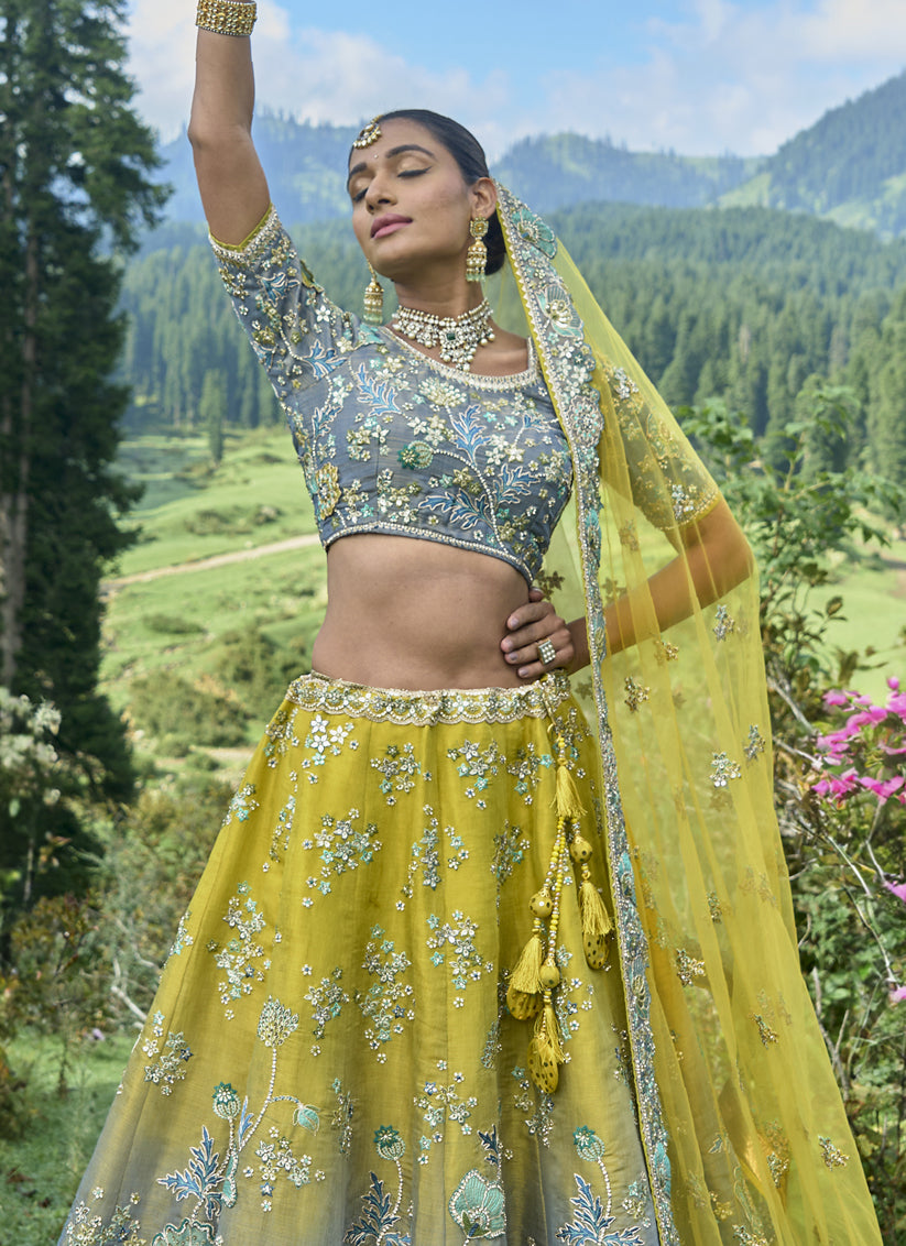 Lime Yellow and Grey Silk Viscose Designer Lehenga Choli