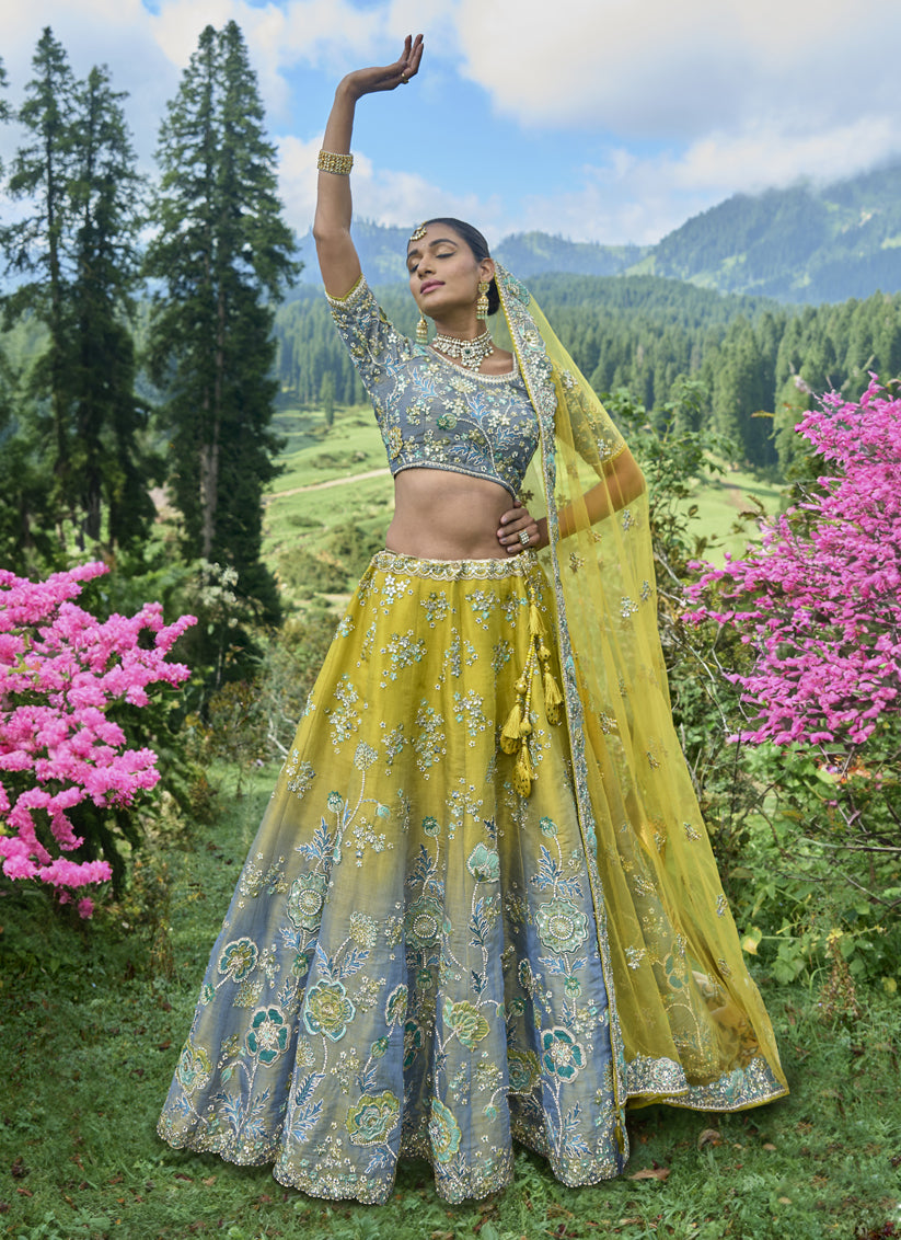 Lime Yellow and Grey Silk Viscose Designer Lehenga Choli