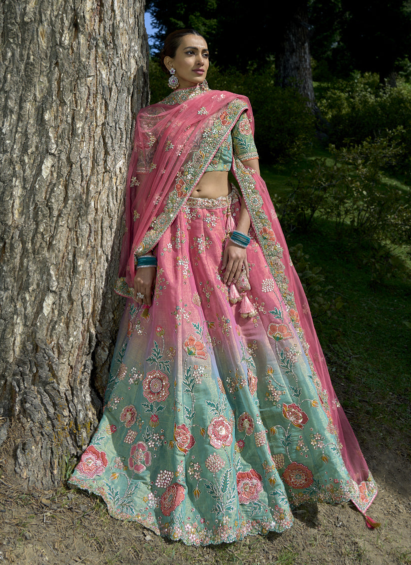 Melon Pink and Turquoise Silk Viscose Designer Lehenga Choli