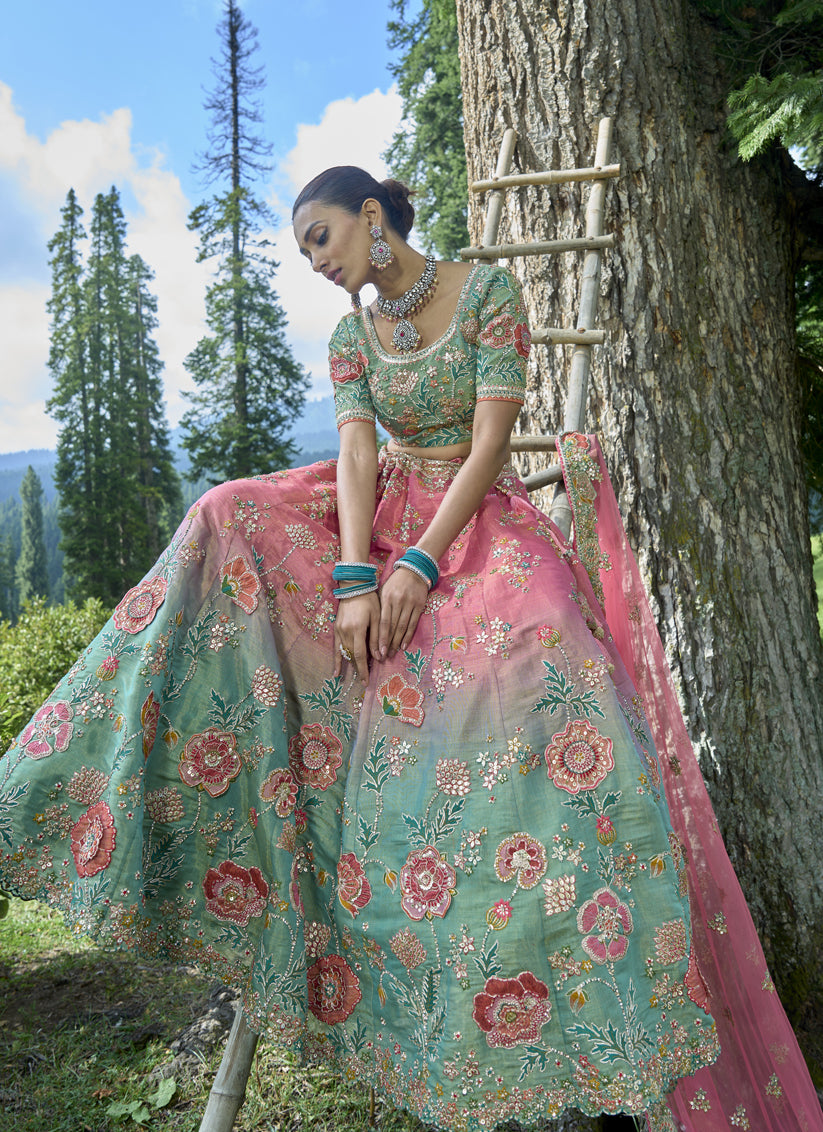 Melon Pink and Turquoise Silk Viscose Designer Lehenga Choli