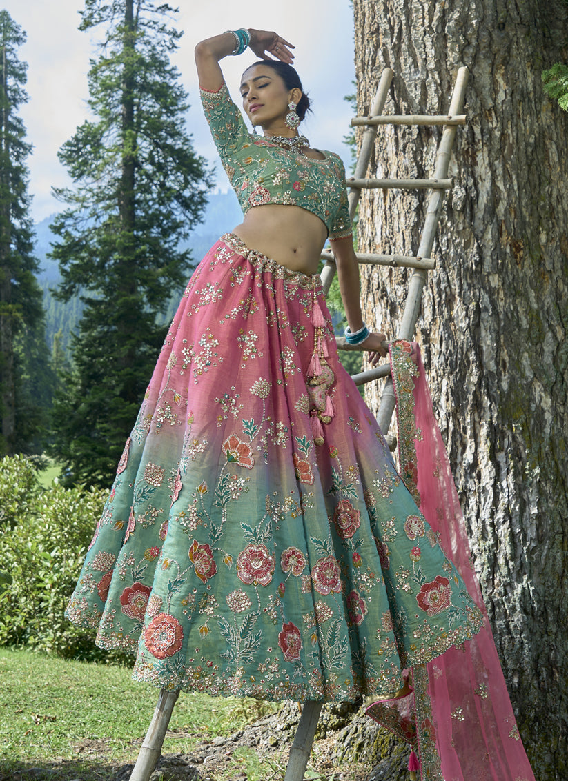 Melon Pink and Turquoise Silk Viscose Designer Lehenga Choli