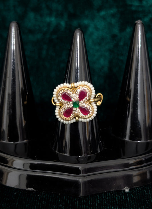 Magenta Kundan Studded and White Pearl Ring For Women