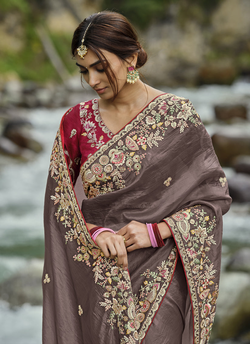 Brown Heavy Embroidered Saree