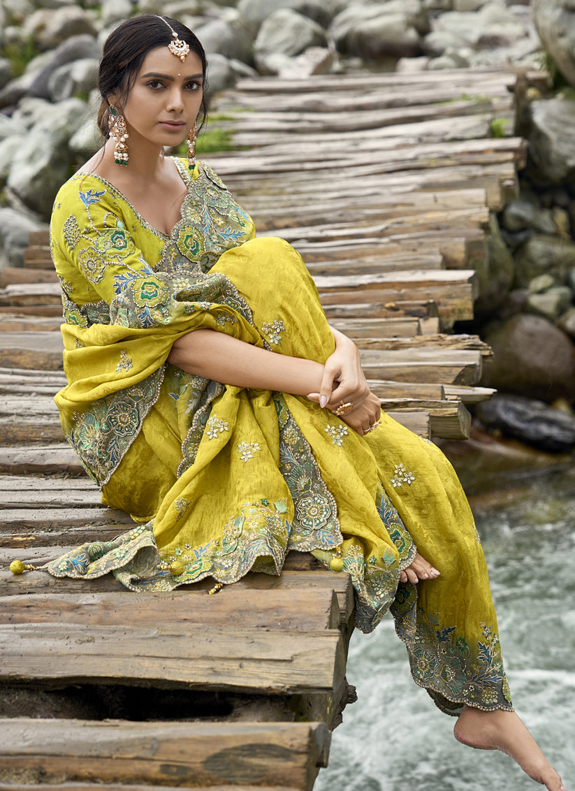 Maize Yellow Heavy Embroidered Saree