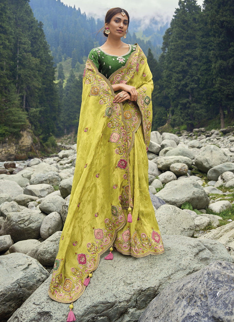 Lime Green Heavy Embroidered Saree