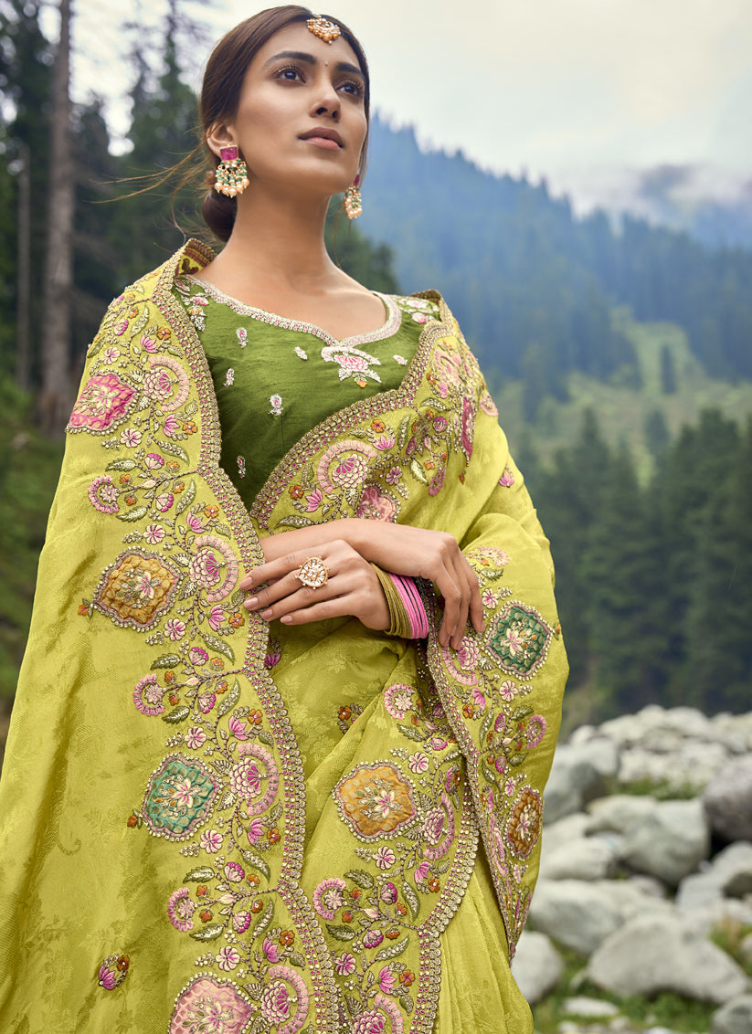 Lime Green Heavy Embroidered Saree