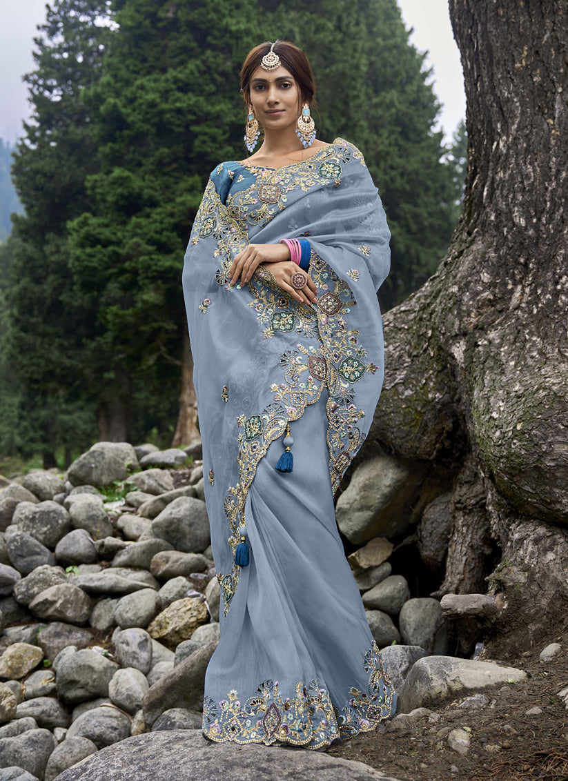 Stone Blue Heavy Embroidered Saree