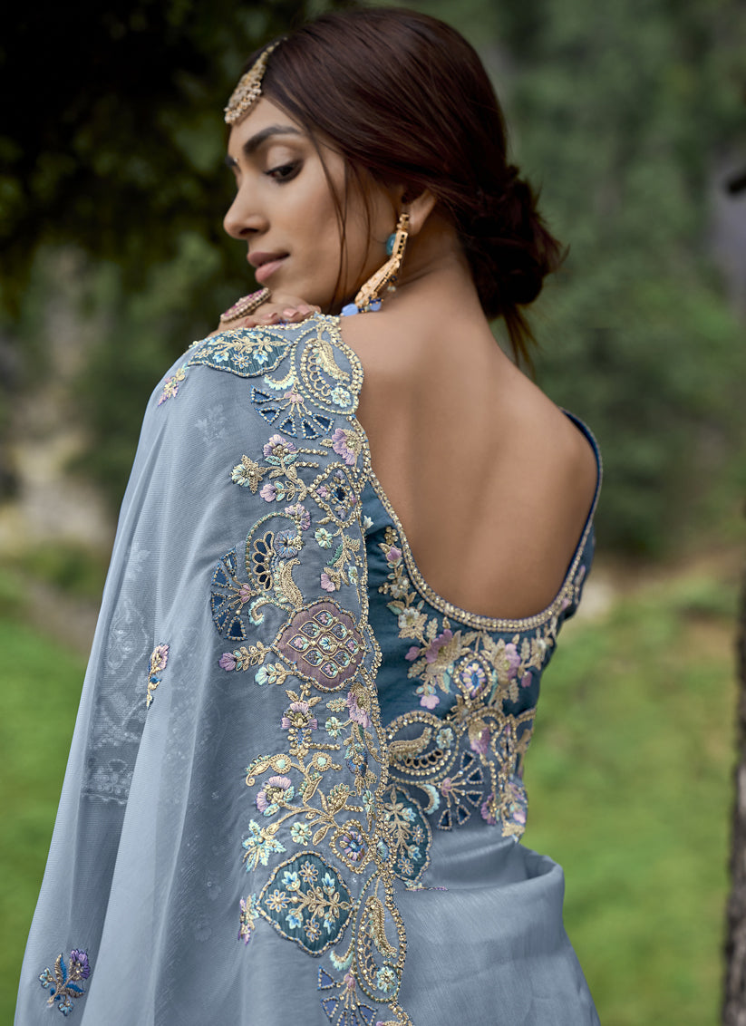 Stone Blue Heavy Embroidered Saree