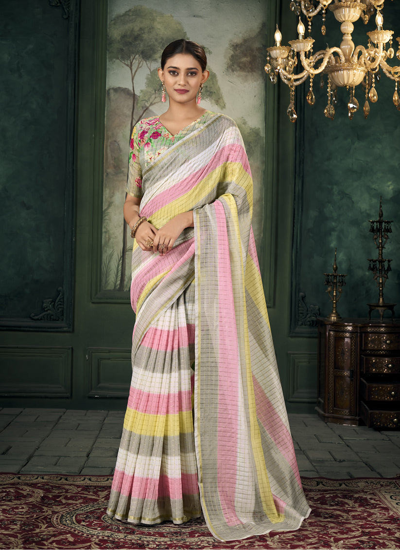 Multicolor Chanderi Stripes Print Linen Saree For Festival