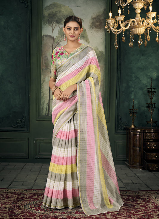 Multicolor Chanderi Stripes Print Linen Saree For Festival