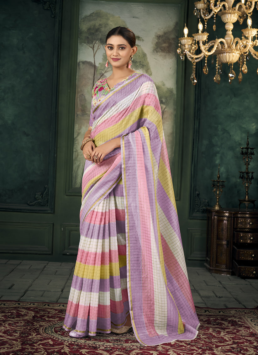 Multicolor Chanderi Stripes Print Linen Saree For Festival