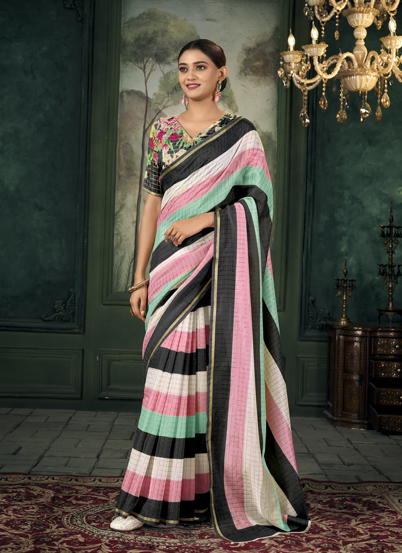 Multicolor Chanderi Stripes Print Linen Saree For Festival