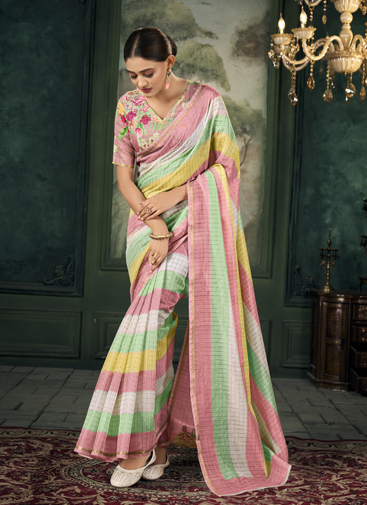 Multicolor Chanderi Stripes Print Linen Saree For Festival