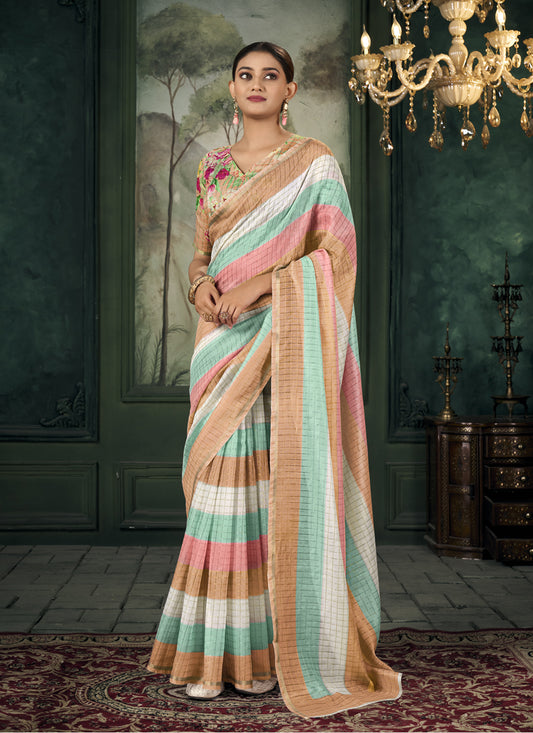 Multicolor Chanderi Stripes Print Linen Saree For Festival