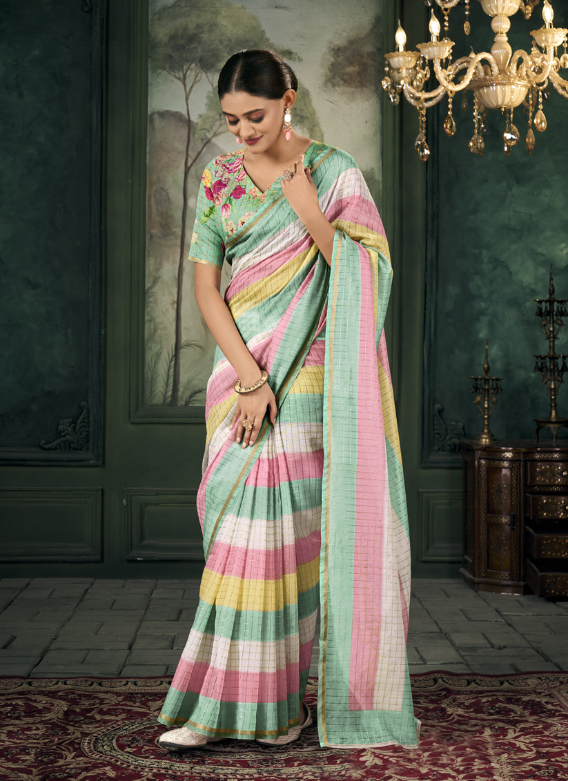 Multicolor Chanderi Stripes Print Linen Saree For Festival