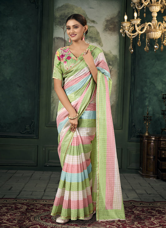 Multicolor Chanderi Stripes Print Linen Saree For Festival