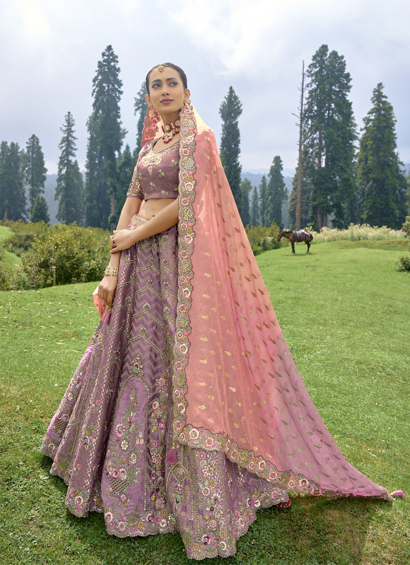 Mauve Pink Silk Heavy Embroidered Lehenga Choli Set