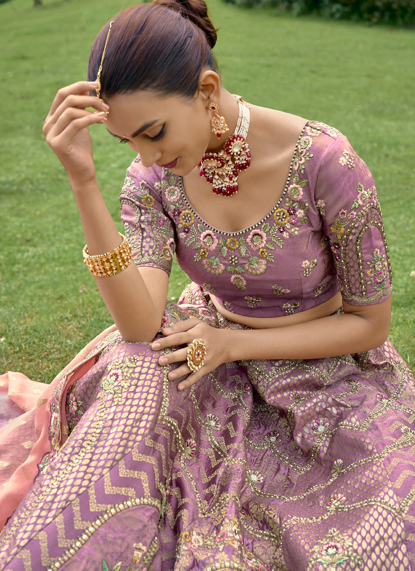 Mauve Pink Silk Heavy Embroidered Lehenga Choli Set