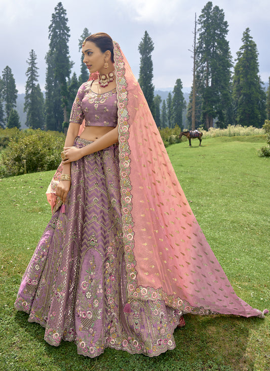 Mauve Pink Silk Heavy Embroidered Lehenga Choli Set